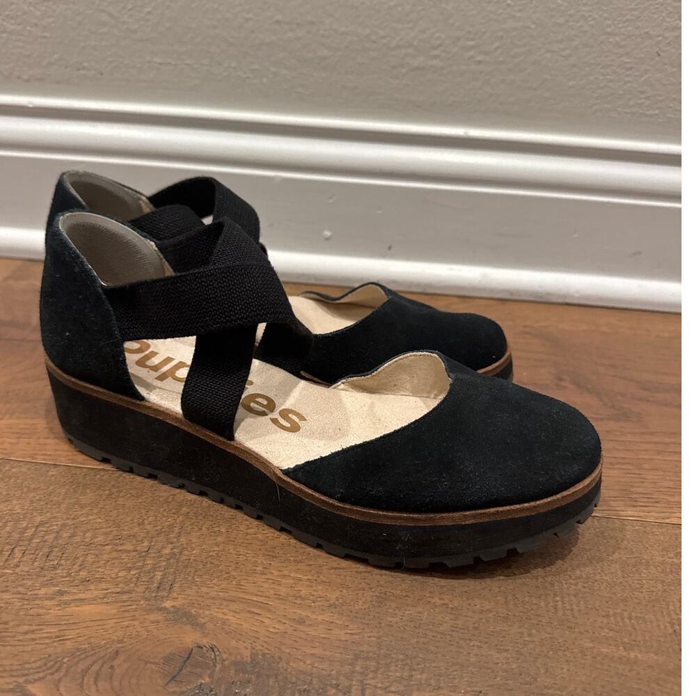 Hush Puppies Ankle Strap Wedge Sandals Black Suede Womens 7.5 Comfort Mary Jane